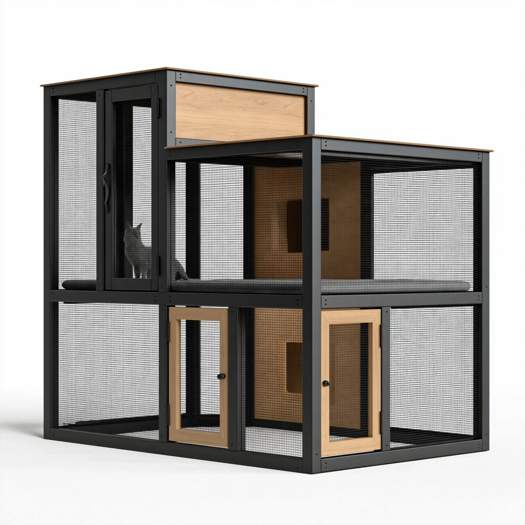 Katzengehege 200 x 120 x 190 cm aus Metall und Holz mit Gitterwänden für Innenbereich und geschützten Außenbereich