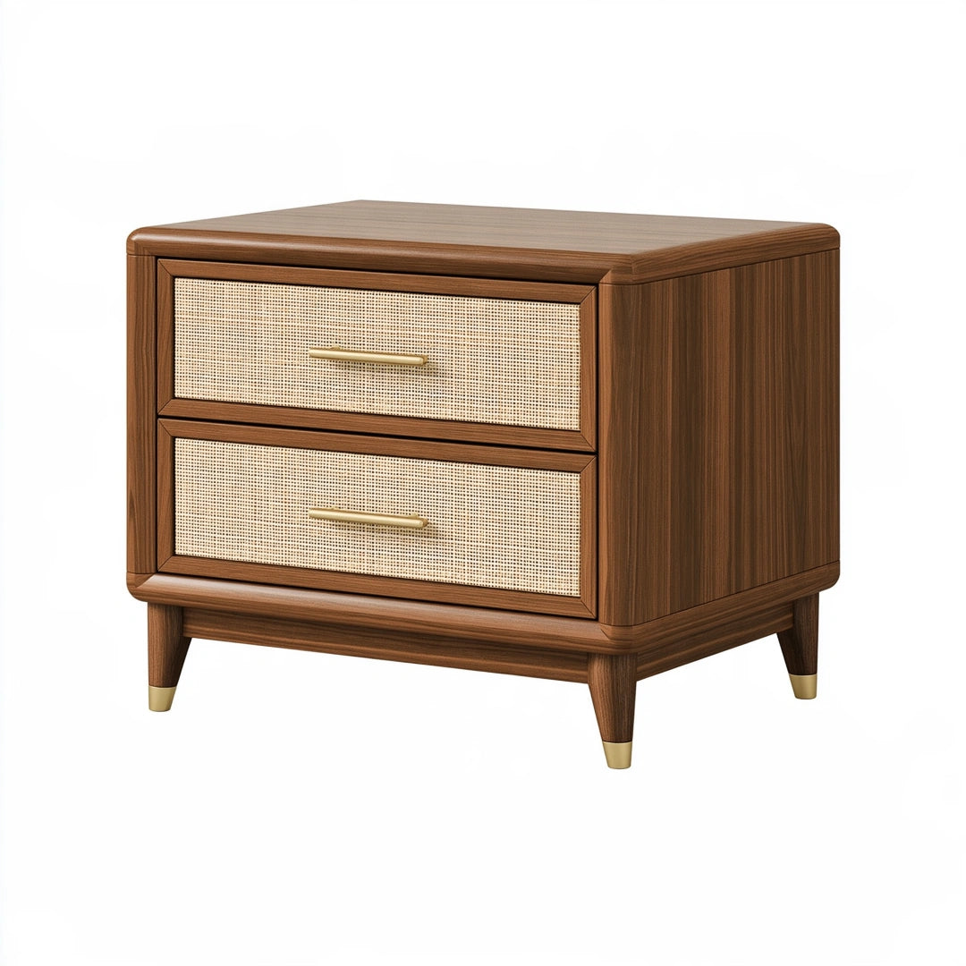 Nachttisch 60 x 42 x 55 cm aus Holz und Rattangeflecht walnussbraun-beige mit 2 Schubladen im Retro-Stil