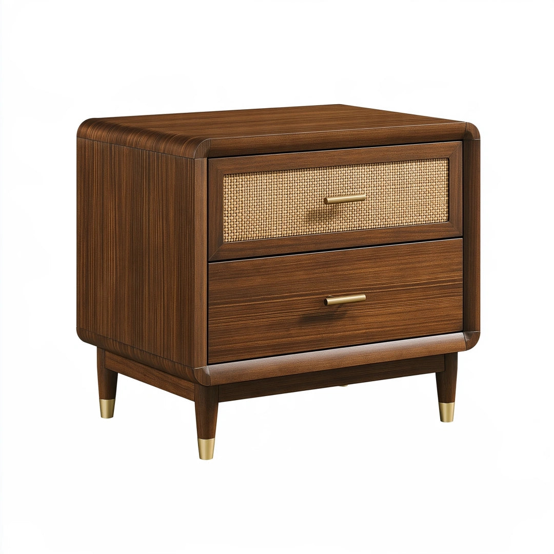 Nachttisch 55 x 40 x 60 cm Holz Braun mit Rattangeflecht - zwei Schubladen