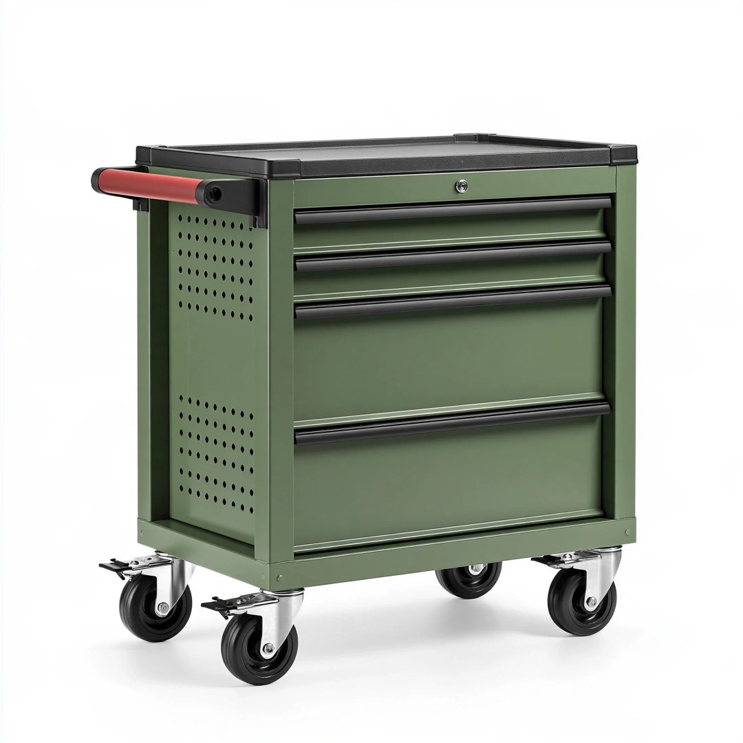 Werkzeugwagen 80 x 45 x 90 cm aus Stahl Grün mit 4 Schubladen und Rollen