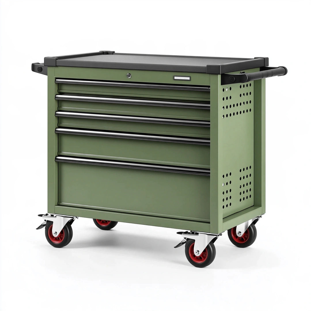 Werkzeugwagen 100 x 50 x 95 cm aus Metall in Olivgrün mit 6 Schubladen und Rollen