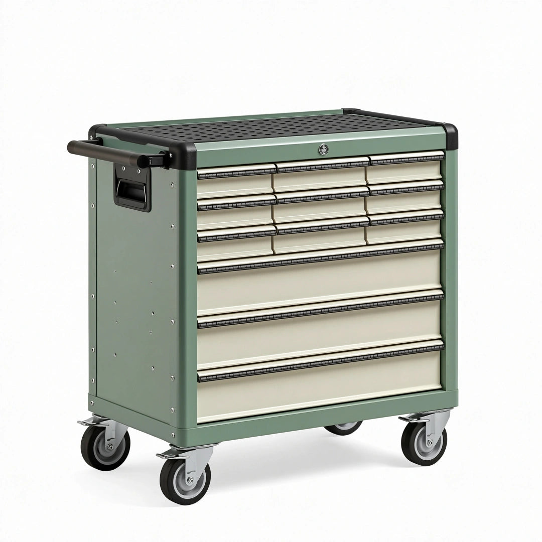 Werkzeugwagen 80 x 50 x 95 cm aus Stahl Grün mit 7 Schubladen und Rollen