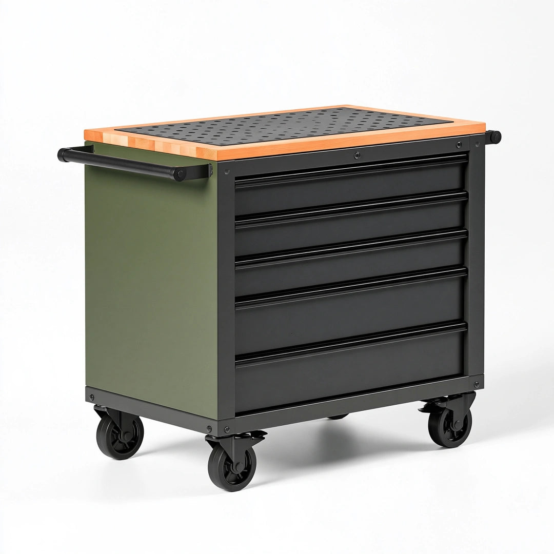 Werkzeugwagen 80 x 45 x 90 cm Stahl Holz Schwarz Olivgrün mit 5 Schubladen